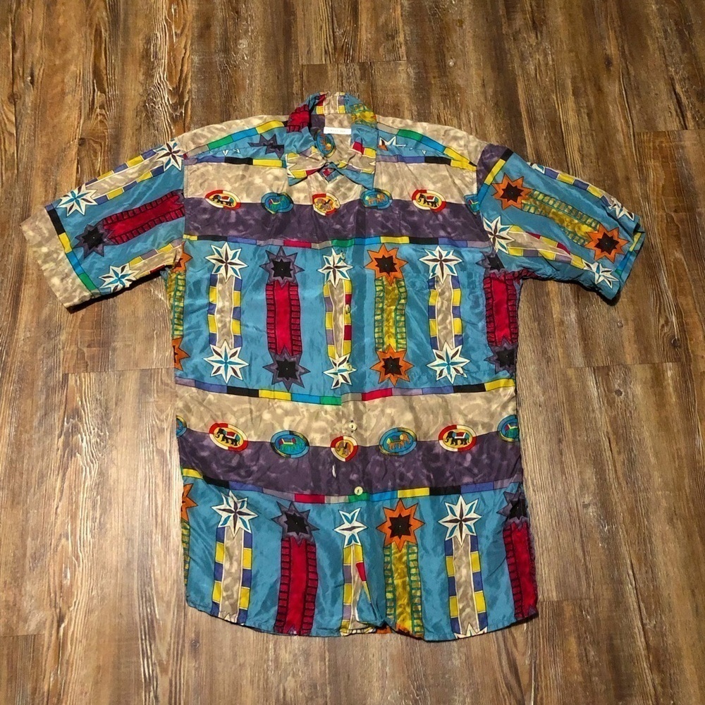 Vintage Burma Bibas Shirt Men's Small Silk Hawaiian Tribal Button Up Camp 90s